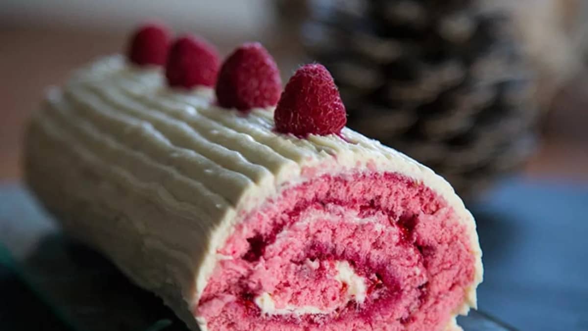 Gros plan sur une bûche de noël chocolat blanc framboise