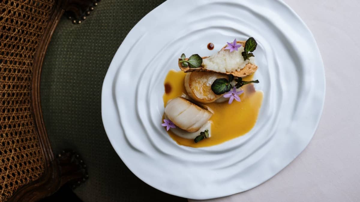 Assiette de saint-Jacques rôties, topinambours et vinaigre de grenade
