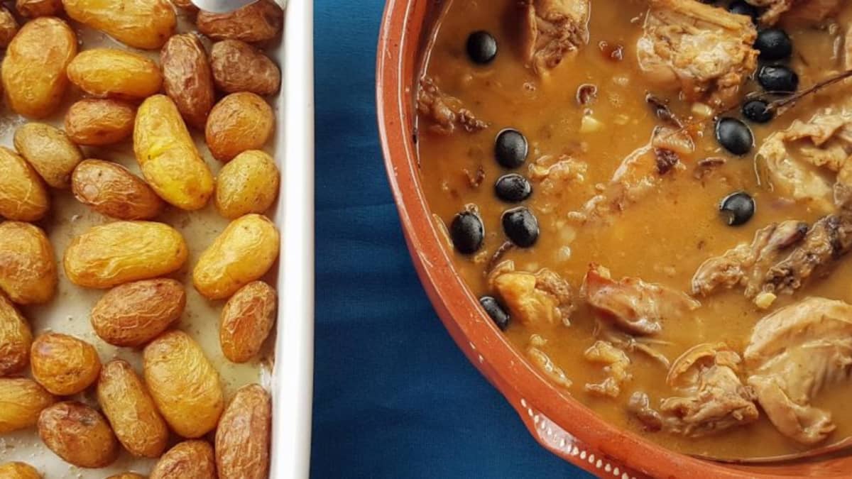 Lapin à la moutarde et aux olives au four, avec des petites pommes de terre