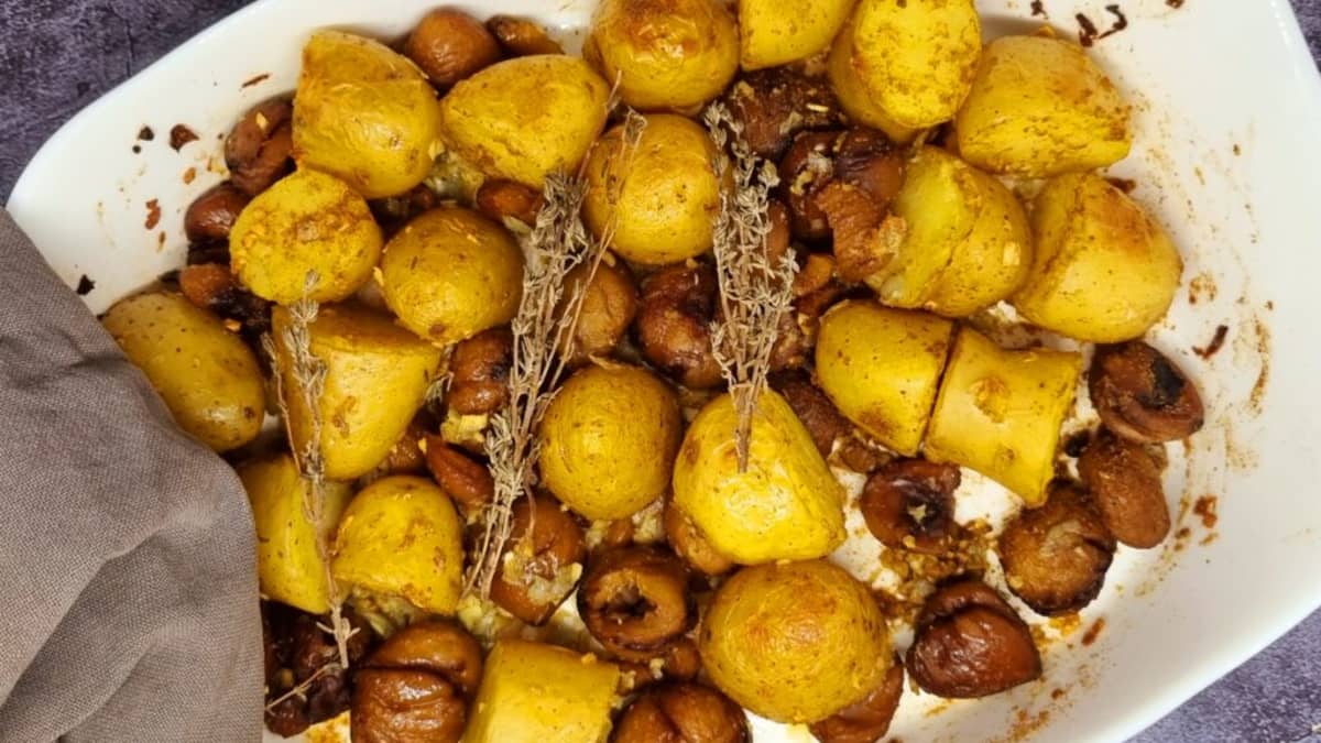 Pommes de terres et châtaignes rôties au cumin
