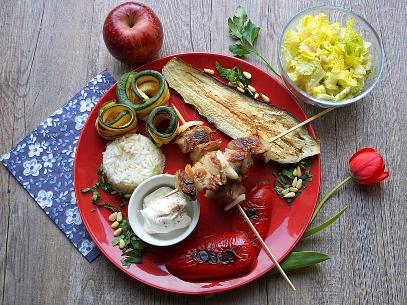 Repas minceur à la plancha - Brochettes de dinde marinées, légumes grillés  - Recette par spicy