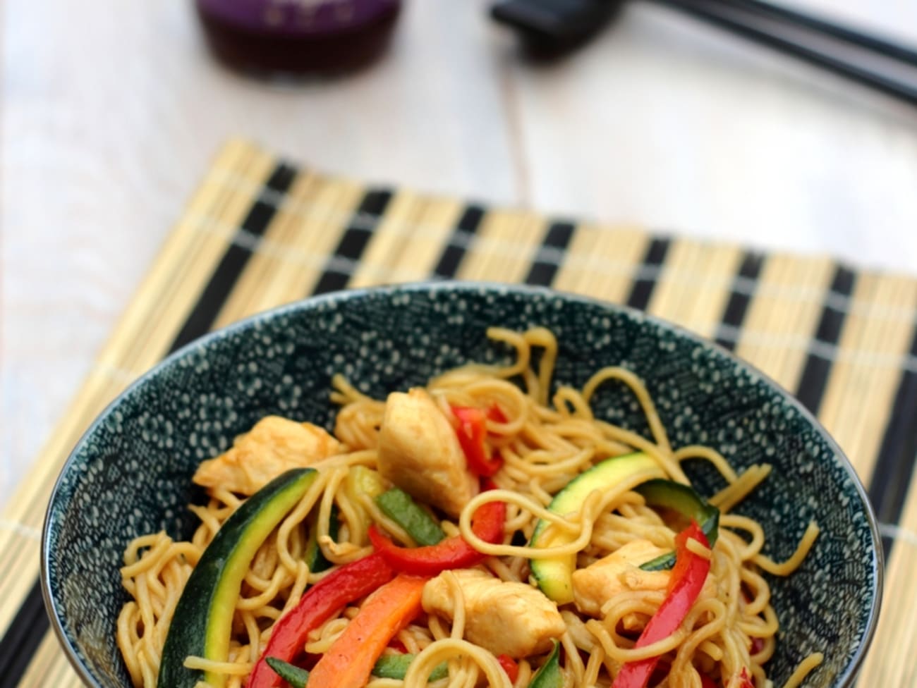 Wok de nouilles au poulet et légumes - Recette Poêles et