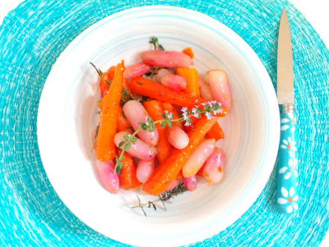 Carottes et radis caramélisés au miel, sarriette et thym