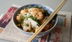 Wok de porc, crevettes et langoustines