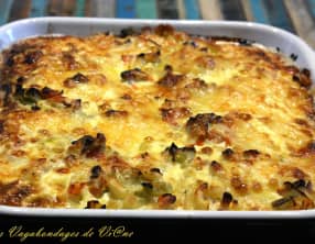 Gratin de pâtes, poireau, poulet et tomates