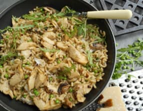 Coquillettes façon risotto aux artichauts, petits pois et champignons