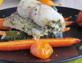 Roulés de sandre au pesto verde et ses légumes rôtis