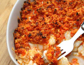 Dos de cabillaud, crumble de chorizo et parmesan