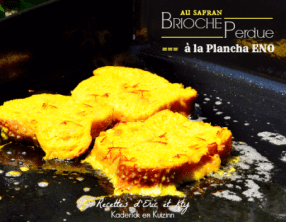 Brioche perdue à la plancha Eno au safran, glace vanille et chocolat piment d'Espelette