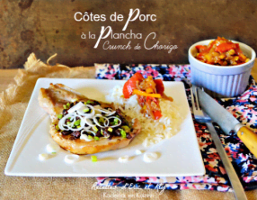 Grillade à la plancha de côtes de porc au crunch de chorizo et fondue de poivron