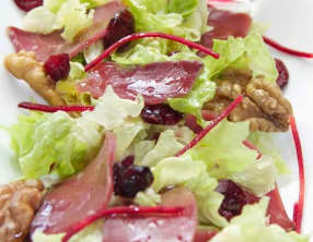 Salade de magrets de canard aux cranberries, cerneaux de noix et huile d’ olive à la cerise
