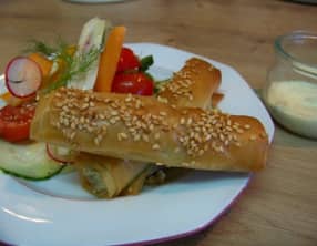 Cigares croustillants à la féta, citron confit et aux herbes