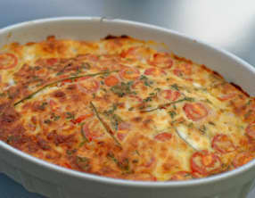 Clafoutis aux maquereaux, tomates cerises, mozzarella et parmesan