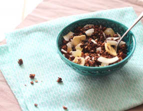 Granola au chocolat, noix de pécan, bananes, noix de coco et gingembre