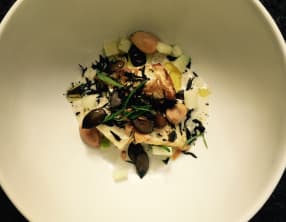 Céleri rôti, Pommes granny, graines de courges, amandes, crème d’ail, poudre de trompettes de la mort.