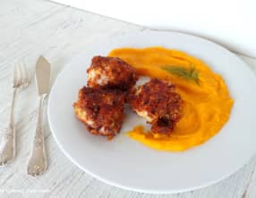 Lotte en croûte de pain d'épices et sa purée de carottes aux lentilles corail