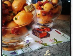 Verrines de melon au chorizo et huile d'olive au citron
