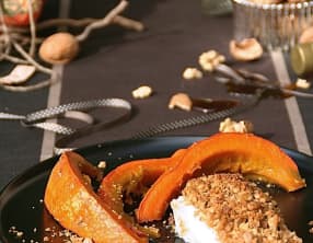 Cabillaud et son crumble de noix, tranches de potimarron au sirop d'érable