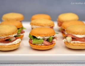 Macarons curry, saumon fumé, pommes et spicy, avocat, crevettes grises