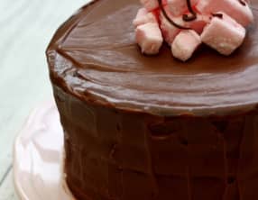 Gâteau de fête au chocolat et guimauve à la fraise