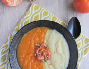 Velouté bicolore butternut, panais et écrevisses marinées à la clémentines