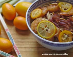 Pâtes chinoises aux crevettes goûts agrumes kumquat, lemonquat et citronnelle