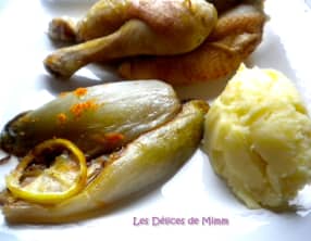 Coquelet au lait et au citron, endives à l’orange et purée de pommes de terre