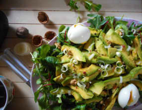Salade d’hiver, mâche, avocats, oeufs pochés et noix