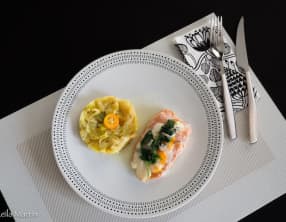 Truite d’Alsace au bleu et aux kumquats, fondue de poireaux à l’orange