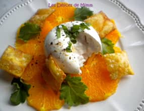 Burrata sur carpaccio d’oranges et croustillants de pâtes frites