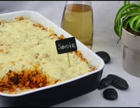 Gratin de Crozets tomate champignons et chorizo