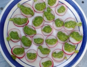 Pesto de feuille de radis en canapé de radis
