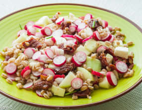 Salade de blé aux radis, tomates confites, concombre et fêta
