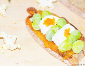 Tartine abricot, fromage de chèvre et fèves