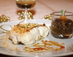 Dos de Julienne en croûte d’amandes au caramel miel