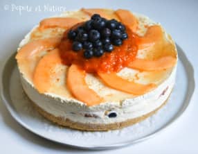 Cheesecake aux abricots confits, melon, myrtilles au chocolat blanc amande