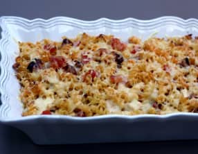 Gratin de pâtes au poulet, chorizo et tomates