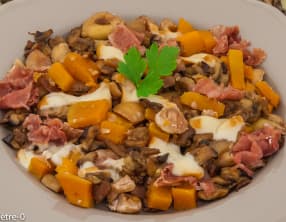 Patates douces aux châtaignes, cèpes et jambon de Parme