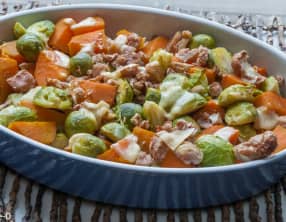 Gratin patate douce, choux bruxelles et châtaignes