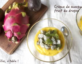 Crème de mangue, salade au fruit du dragon, kiwi et fruit de la passion