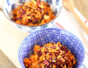 Carottes sauce thaï, crumble de chips de légumes