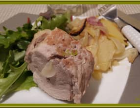 Filet mignon en cocotte au Bacon, pommes de terre et Oignons