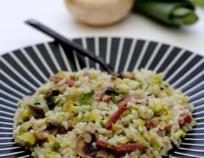 Riz à la crème, poireaux, champignons et bacon
