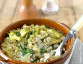 Gratin de crozets aux choux de Bruxelles et tofu mariné à la japonaise