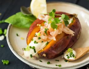 Patate douce en robe des champs au saumon fumé sauvage