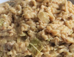 Risotto crémeux au poulet, champignons et poireaux