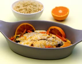 Poisson à l'orange, carotte et raisins secs