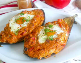 Aubergine farcie au poivron et oignon au fromage