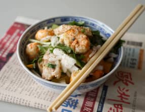 Wok de porc, crevettes et langoustines