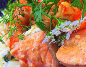 Wok de saumon et crevettes à la fleur de coriandre